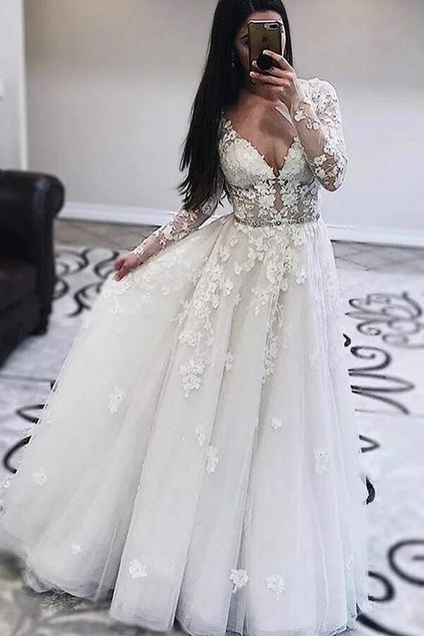 Glamorous Deep V-Neck Long Sleeve Wedding Dress With Lace Appliques Long - lulusllly