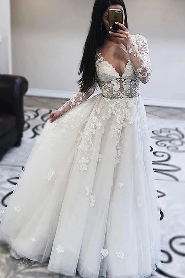 Daisda Vintage A-Line Deep V-neck Long Sleeve Wedding Dress With Appliques Lace Floor-length Tulle