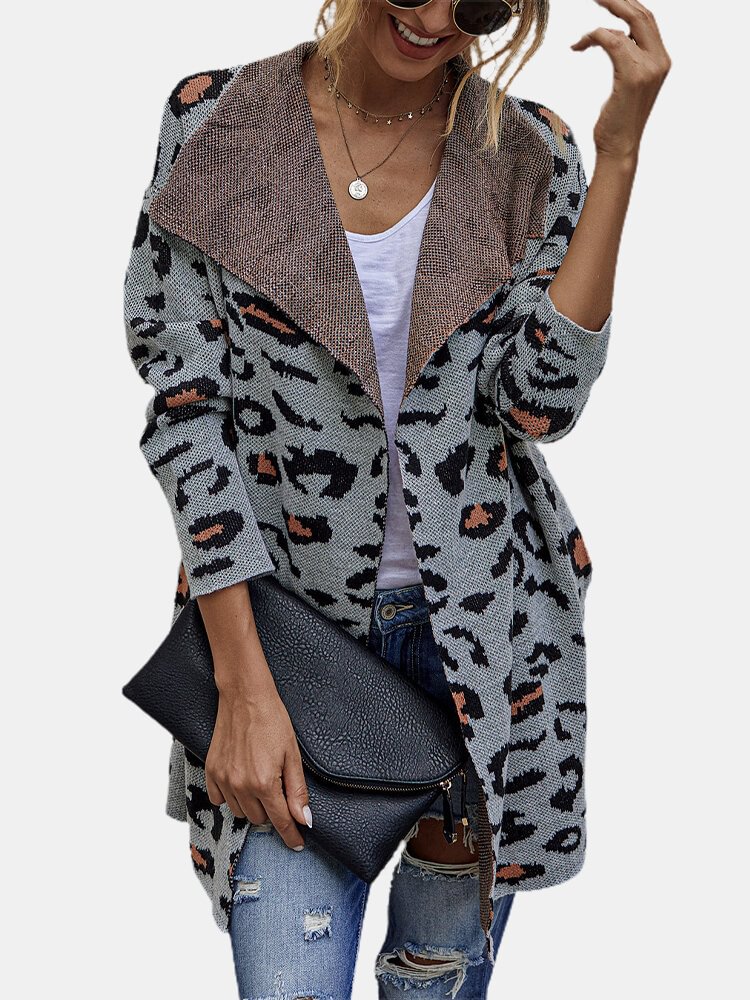 Leopard Printed Long Sleeve Lapel Collar Cardigan For Women