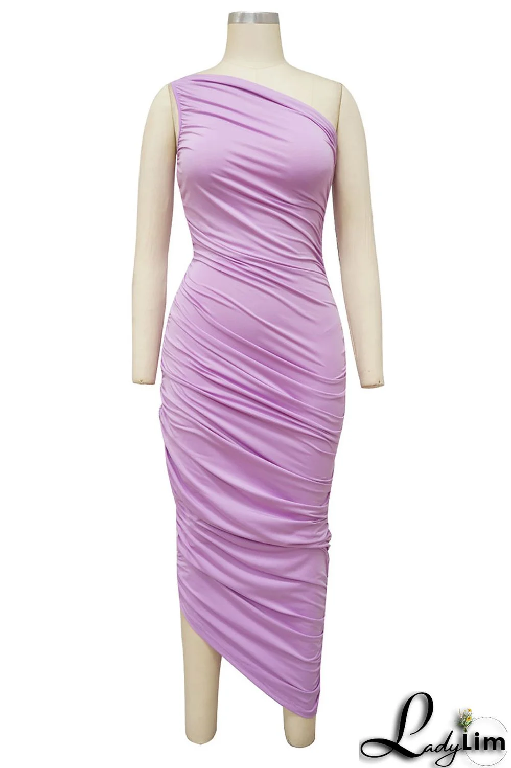 Light Purple Casual Solid Split Joint Fold Asymmetrical Oblique Collar Dresses