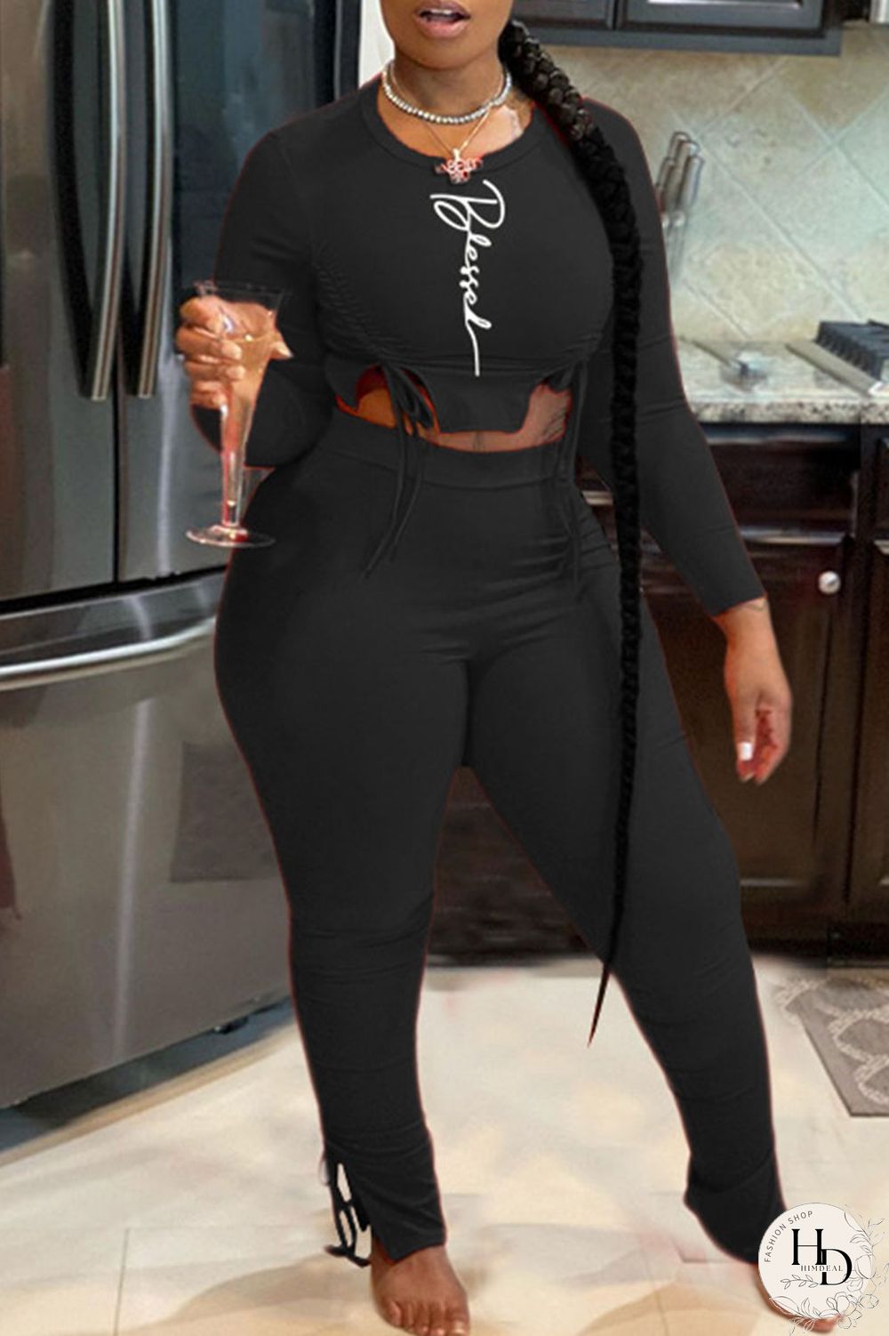 Black Sexy Print Split Joint Frenulum O Neck Long Sleeve Two Pieces