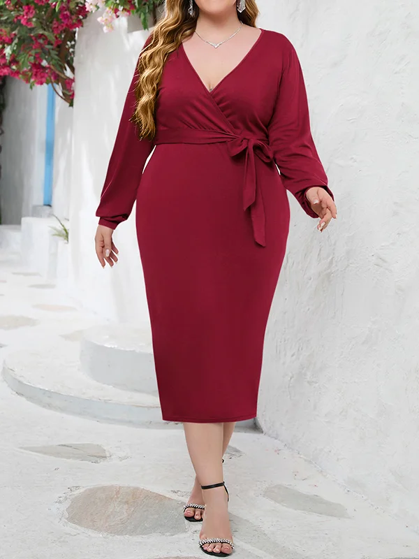 Solid Color Tied Waist Long Sleeves Loose Deep V-Neck Maxi Dresses