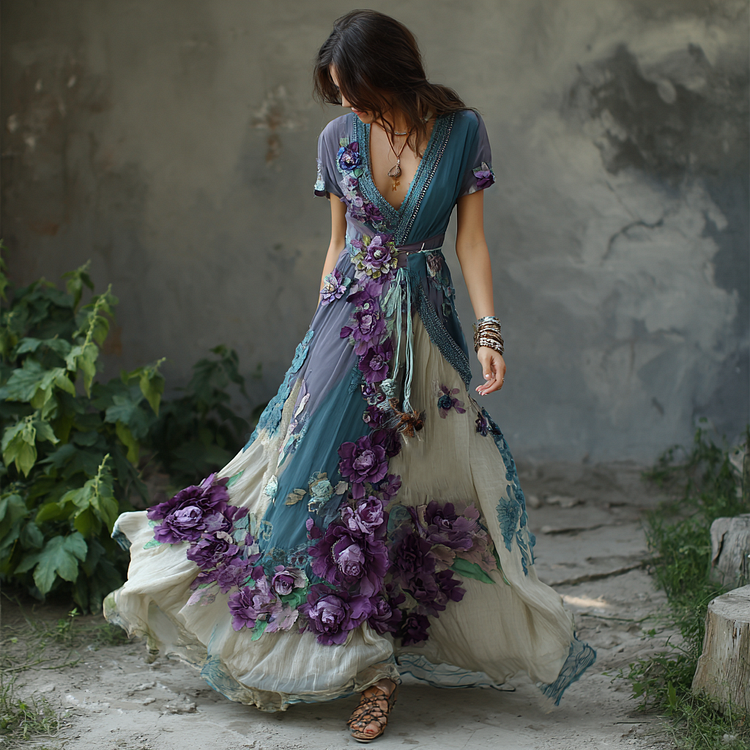 Vintage Gradient Purple Rose And Floral Embroidery Linen Short Sleeve Dress