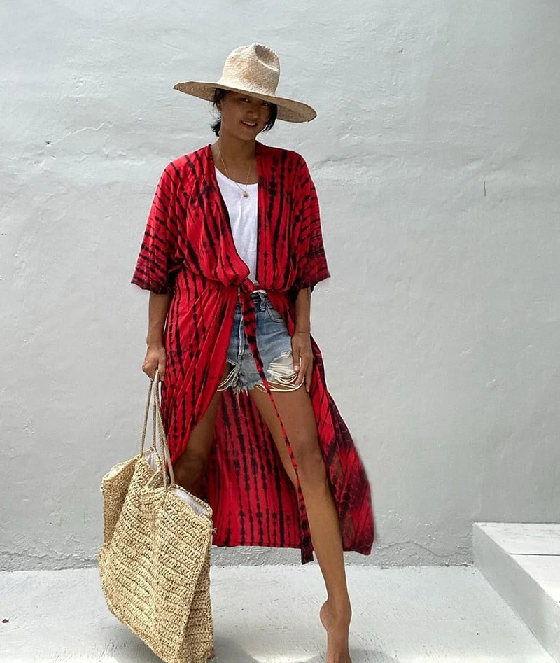 Fitshinling Summer Vintage Kimono Swimwear Halo Dyeing Beach Cover Up With Sashes Oversized Long Cardigan Holiday Sexy Covers