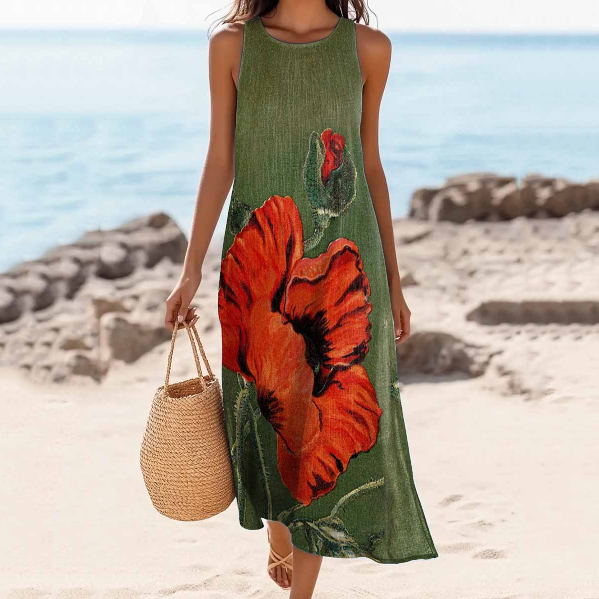 Comstylish Women's Vintage Floral Print Linen Blend Tank Midi Dress
