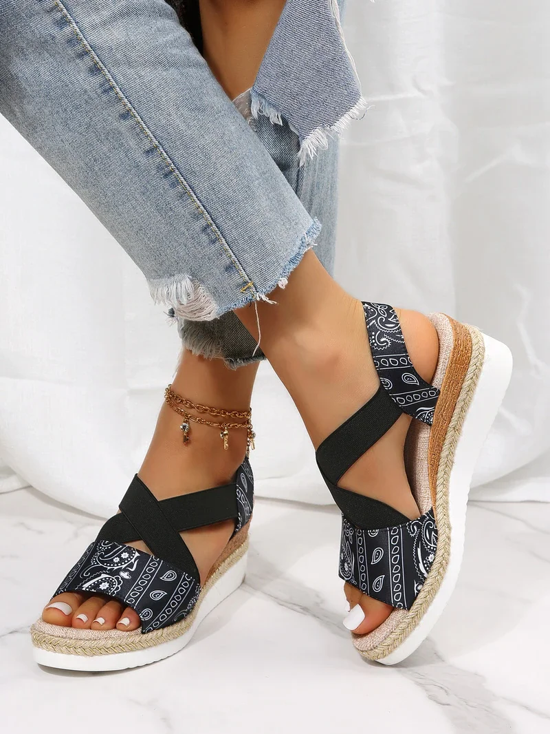 Qengg Women Sandals Printing Design Platform Wedge Sandals Female Casual Increas Shoes Ankle Strap Open Toe Sandals Sandalias Mujer