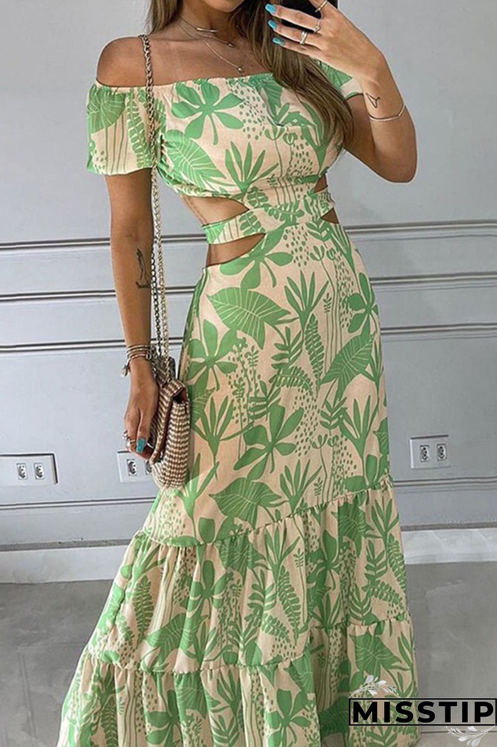 Green Daily Elegant Print Hollowed Out O Neck Printed Dress Dresses