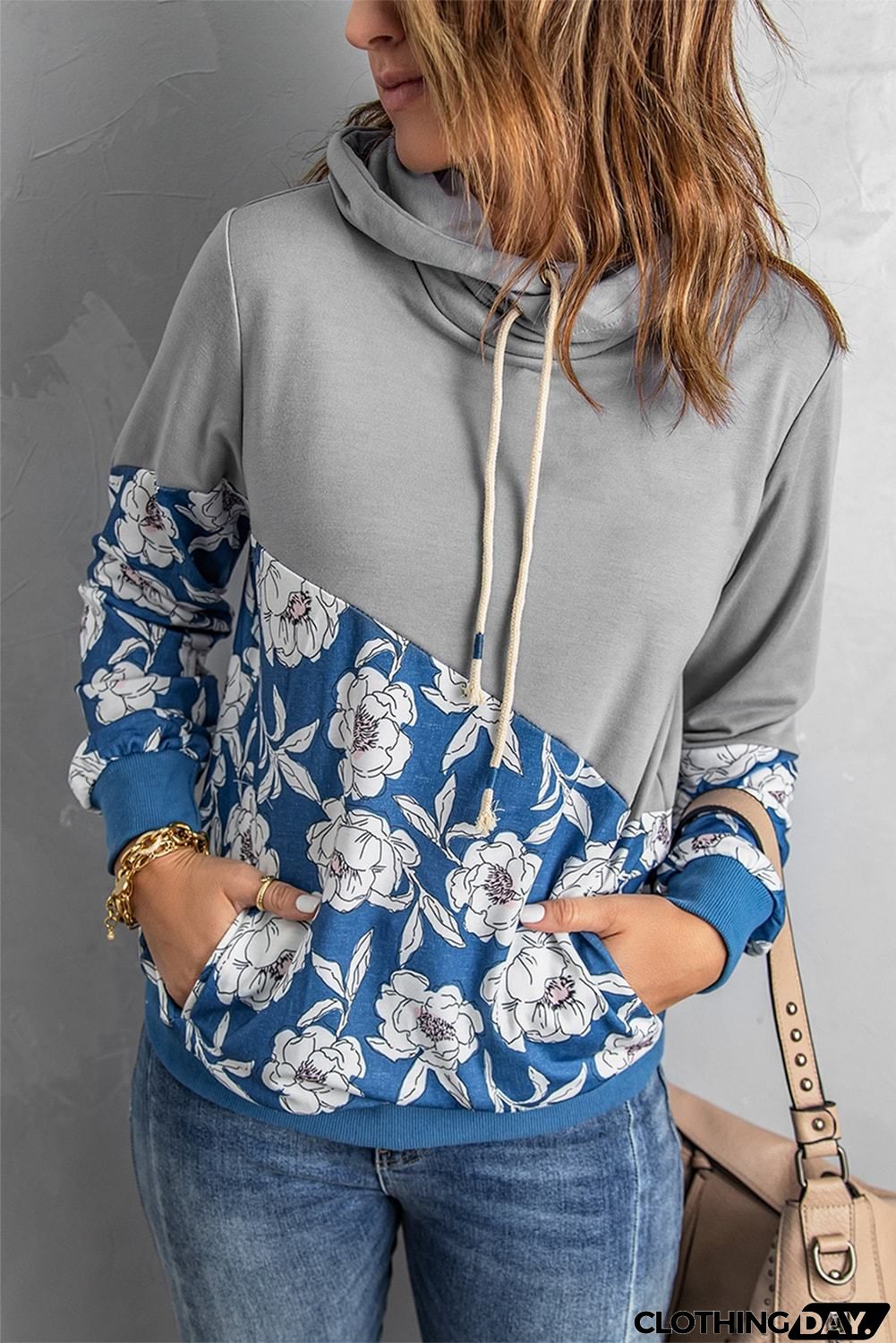Women's Gray Floral Splicing Cowl Neck Hoodie