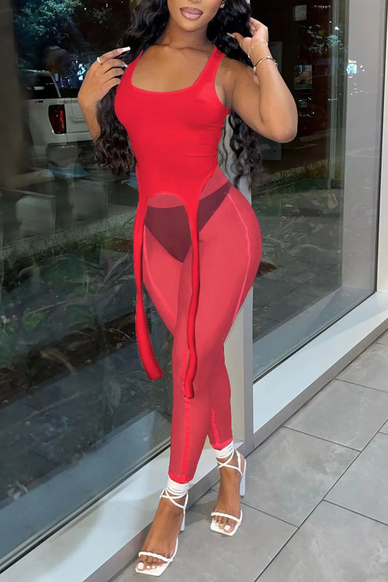 Red Sexy Solid Patchwork See-through Asymmetrical U Neck Two Pieces | EGEMISS