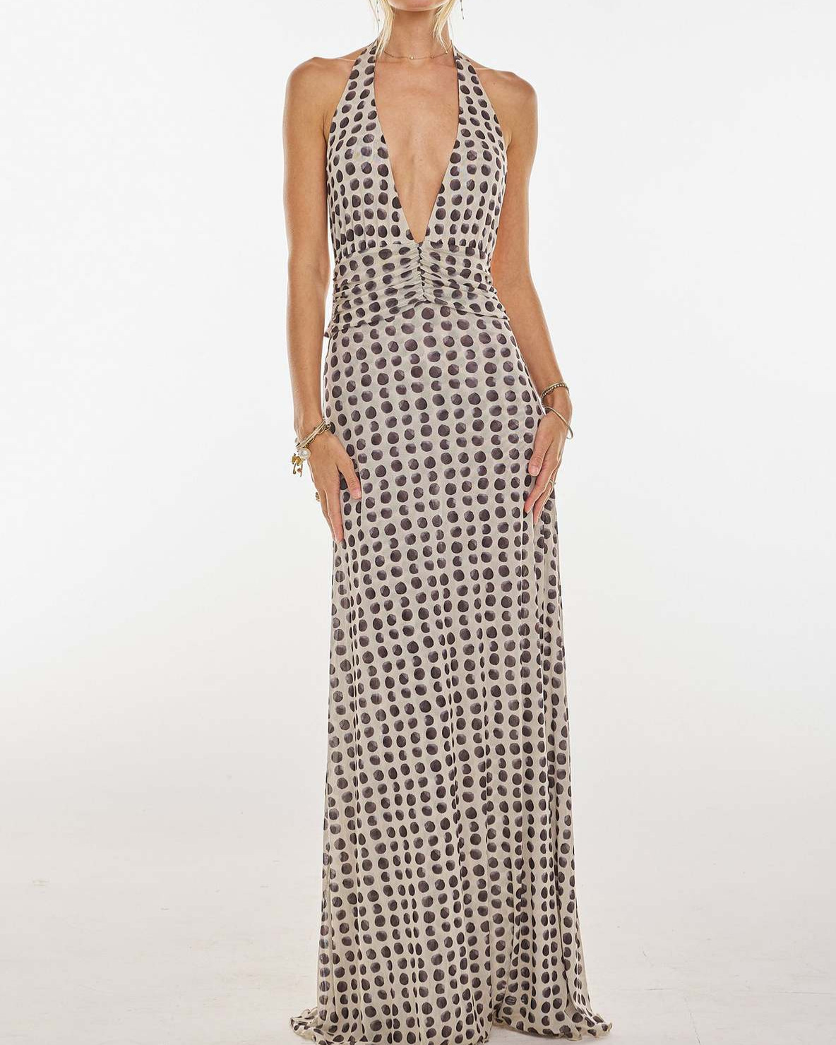 Polka Dot Deep-V Neck Halterneck Maxi Dress