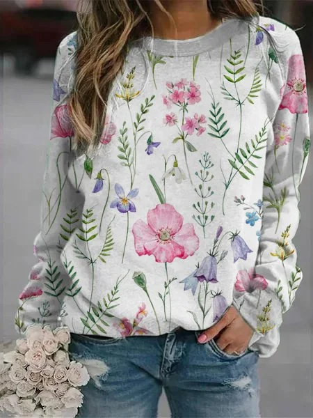 Floral Crew Neck Casual Loose Sweatshirt