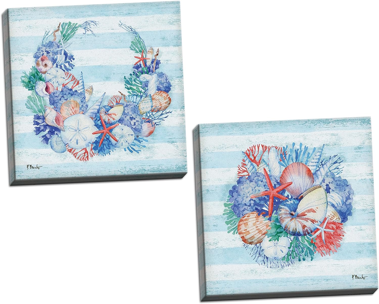Gango Home Decor Coastal Distressed Blue, Green & Orange Striped Beach Decor | Starfish, Sand Dollar & Shell by Paul Brent (Ready to Hang); Two 12x12in Hand-Stretched Canvases Two 12x12in Hand-Stretched Canvases