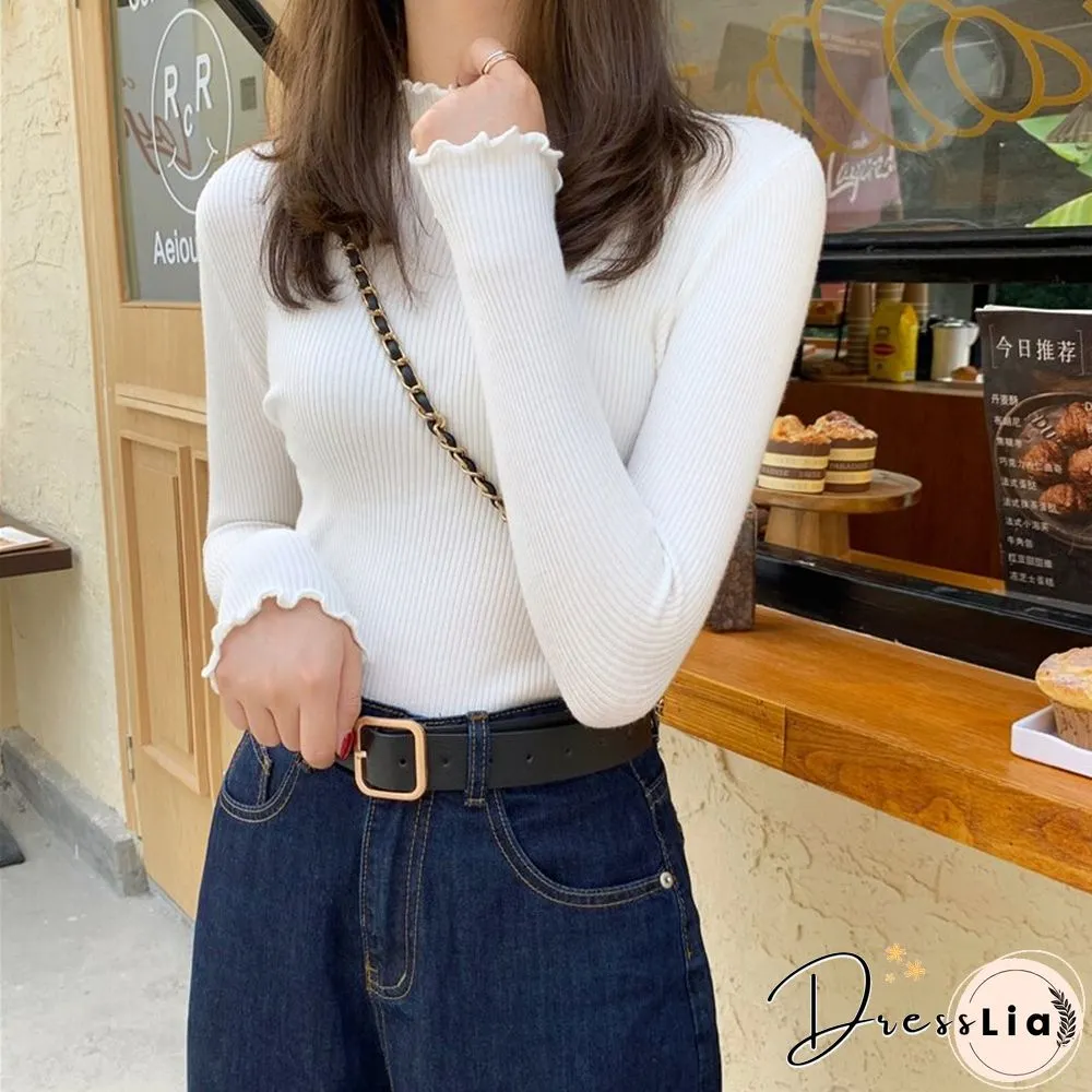 Christmas Gift Womens Sweater Women Knitted Ribbed Pullover Long Sleeve Ruffles Turtleneck