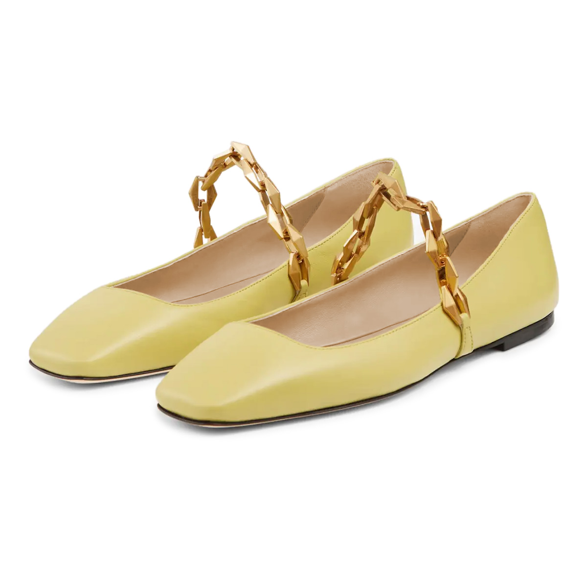 Yellow Vegan Leather Square Toe Ballet Flats with Metal Chain Design Nicepairs
