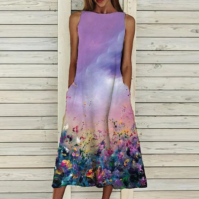 Dress 2022 O Neck Flower Print Summer Dresses For Women Fashion Pocket Sleeveless Dress Female Casual Loose Party Dress