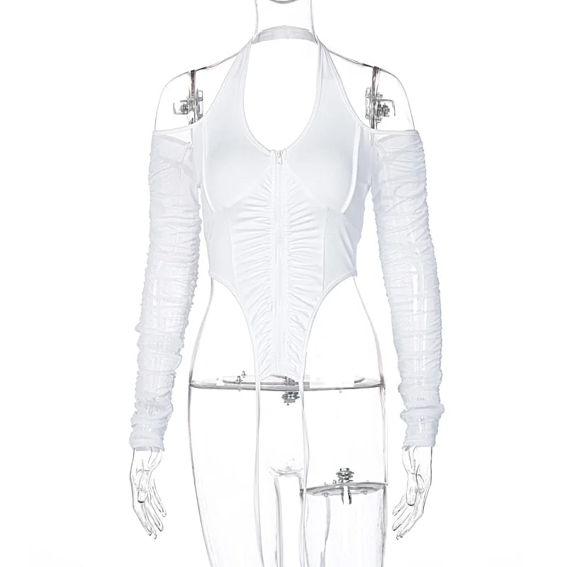 Hugcitar 2021 Long Stacked Sleeve Halter Zipper Patchwork Sexy Crop Top Autumn Winter Women Fashion Streetwear Tshitrs Club Tees