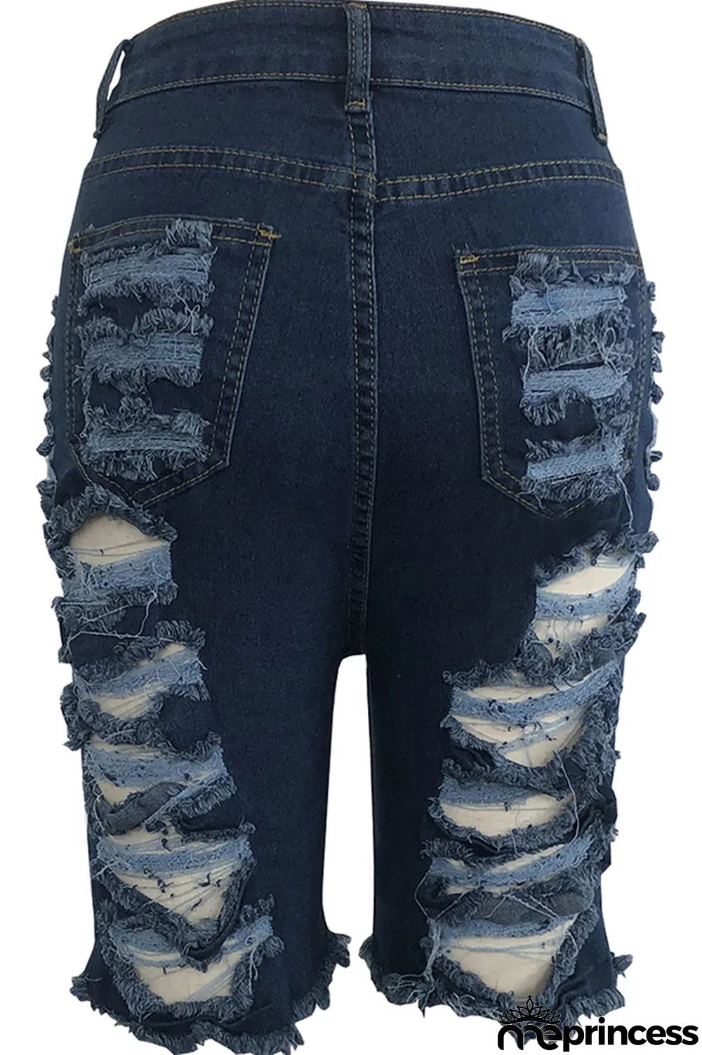 Blue Denim Button Fly Zipper Fly High washing Hole Zippered Pocket Straight shorts Shorts