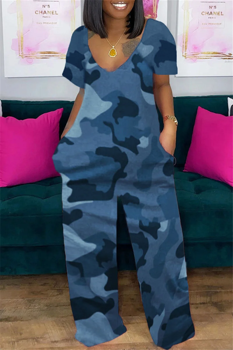 Blue Fashion Casual Print Basic V Neck Short Sleeve Regular Jumpsuits