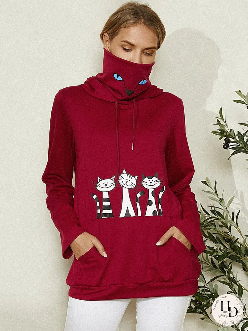 Cartoon Cat Printed Long Sleeve Snood Hoodie With Neck Gaiter