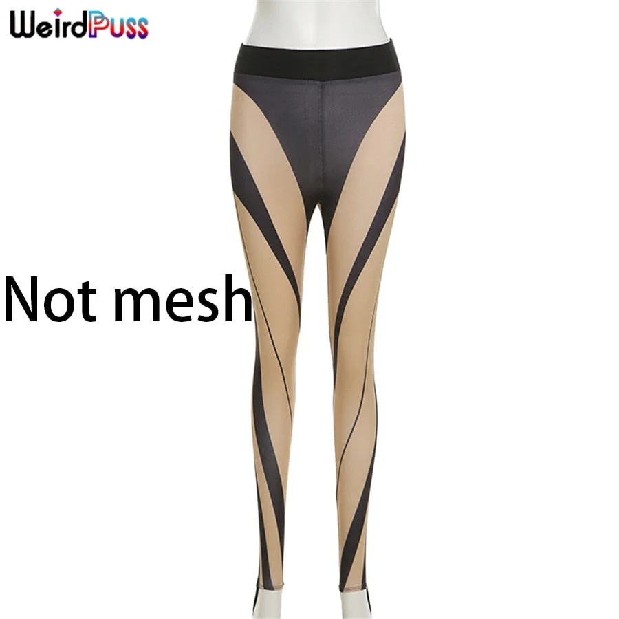 Weird Puss Patchwork Mesh Pants Women Sexy 2021 Summer Striped Irregular Skinny Stretchy Body-Shaping Fitness Leggings Trousers