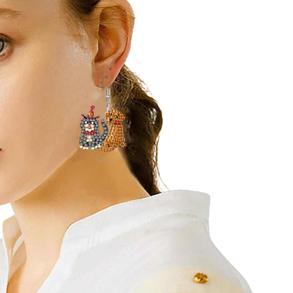4 Pairs Cat Dog Double Sided Diamond Painting Earrings DIY Earrings Making Kit