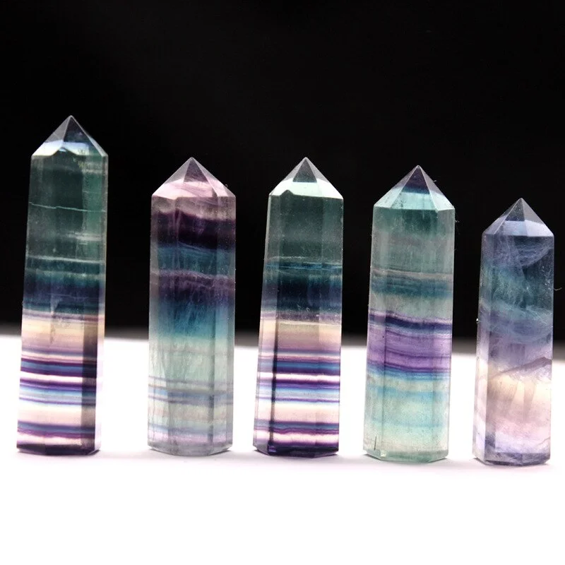 Natural Fluorite Crystal Colorful Striped Fluorite Quartz Mineral Stone Point Hexagonal Wand Treatment Healing Stone Home Decor