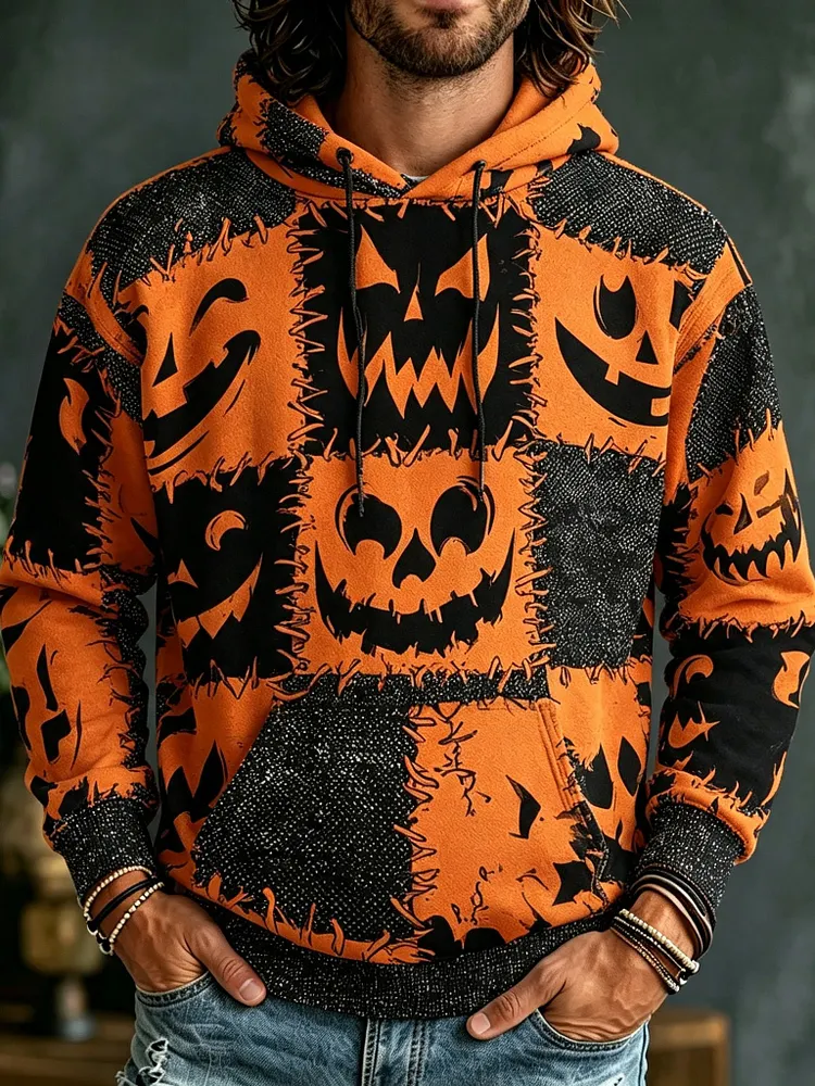 Men's Retro Halloween-themed Smiley Face Patchwork Print Hooded Sweatshirt