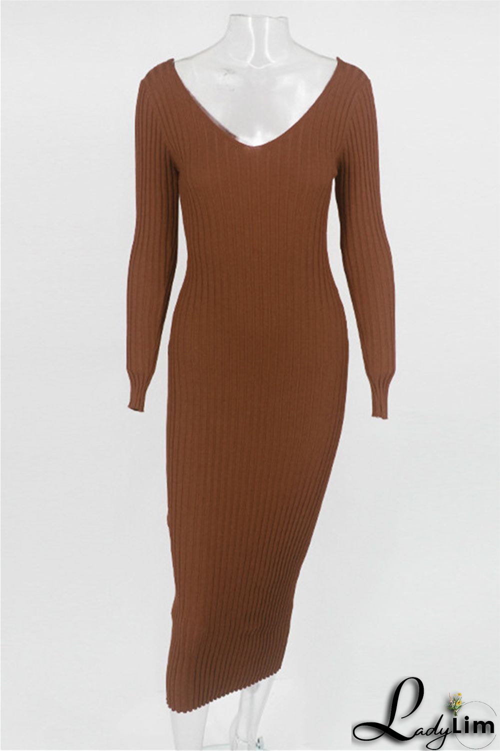 Black Fashion Casual Solid Basic V Neck Long Sleeve Dresses