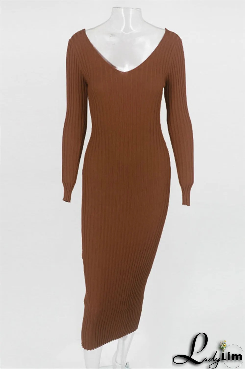 Black Fashion Casual Solid Basic V Neck Long Sleeve Dresses