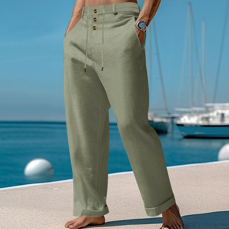 Men's Casual Solid Color Cotton And Linen Comfortable Vacation Trousers