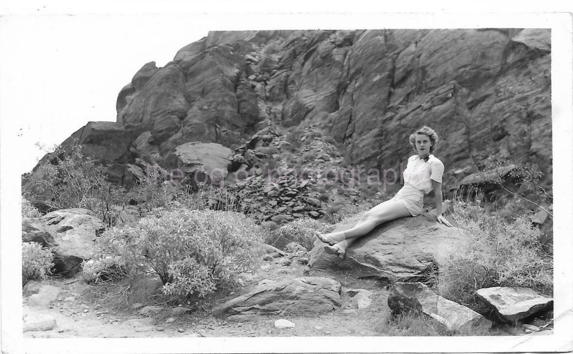 PRETTY OUTDOOR GIRL Woman FOUND Photo Poster painting bw SHOWING SOME LEG Original 012 17 O