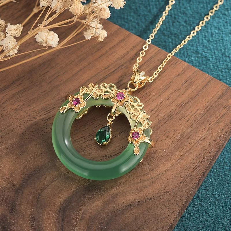 Round Cyan Jade Healing Pendant Necklace