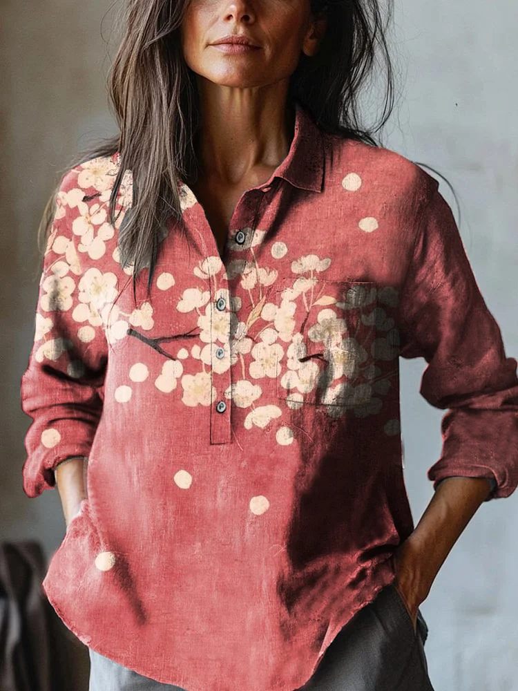 Women's Japanese Crane Cherry Blossom Art Print Casual Cotton and Linen Shirt