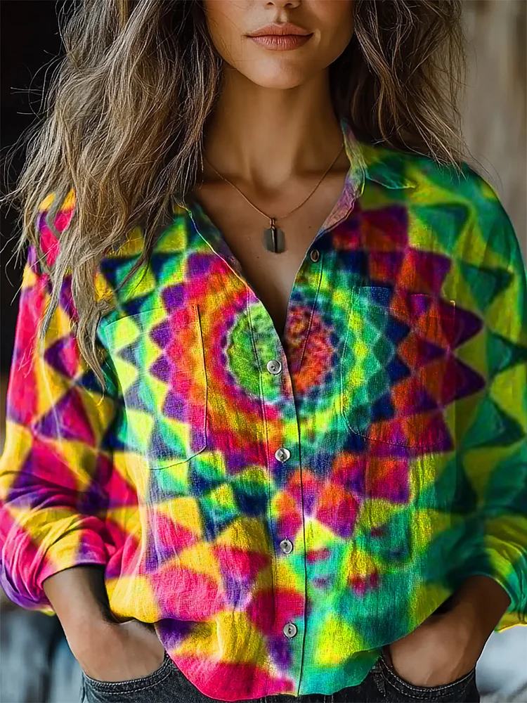 Women's Trippy Tie Dye Kaleidoscope Print Casual Long Sleeve Comfortable Cotton Shirt
