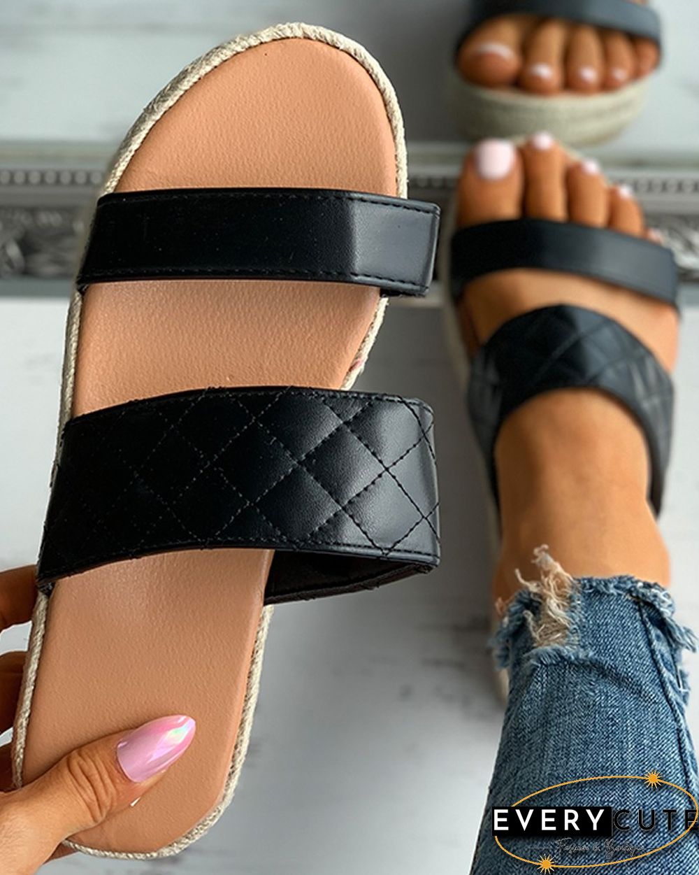 Double Strap Quilted Espadrille&nbsp;Flat Sandals