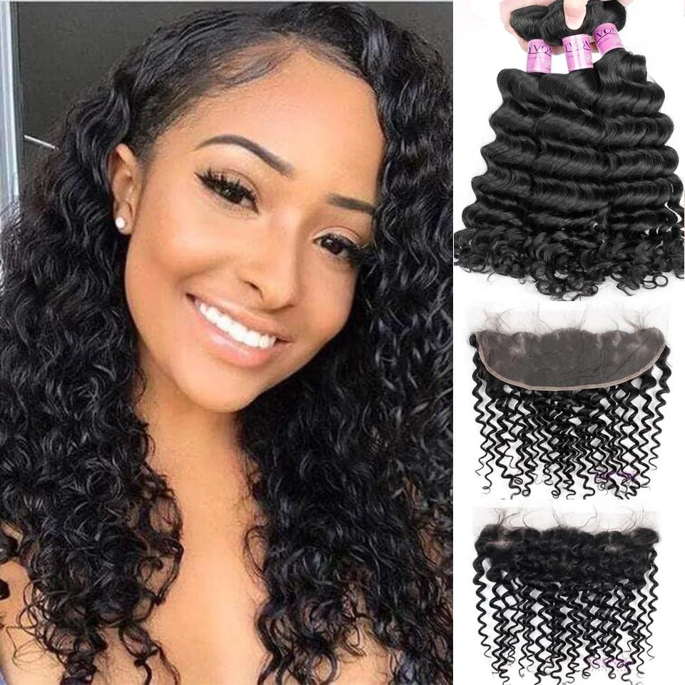 Free Shipping YVONNE Platinum Grade Deep Wave 13*4 Lace Frontal With 3 Bundles Hair Weaves