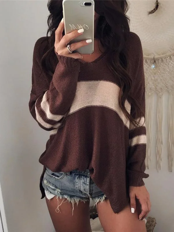 V-Neck Hollow Striped Sweater Tops