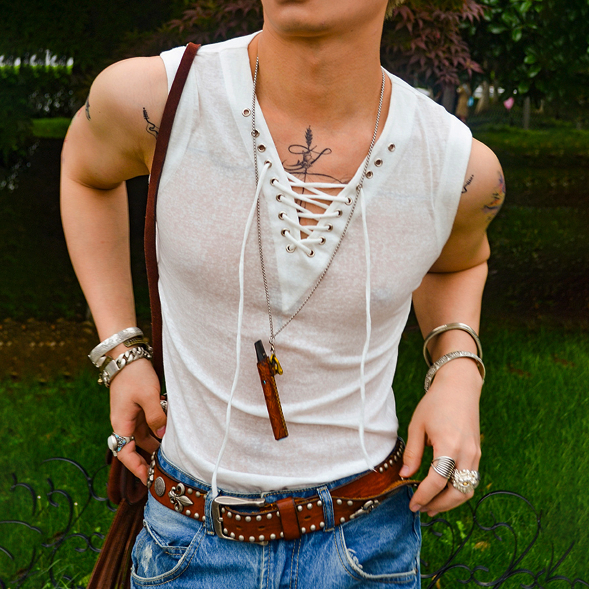 Roman Style Strap V-neck Sexy Slim Sleeveless Vest T-shirt Seaside Vacation Cotton Vest Lixishop 