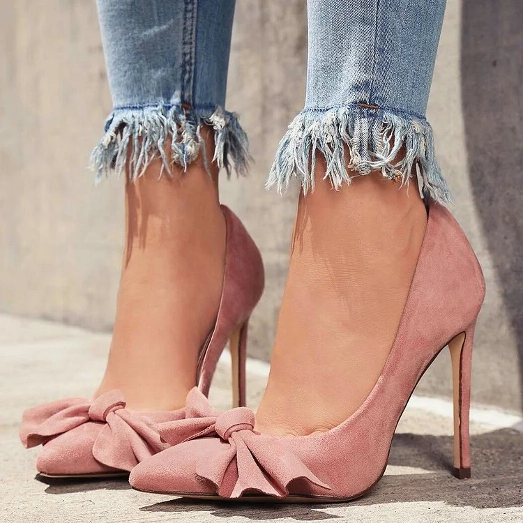 Classic Pink Pointed Toe Bow Heels Vegan Suede Pumps for Women |FSJ Shoes