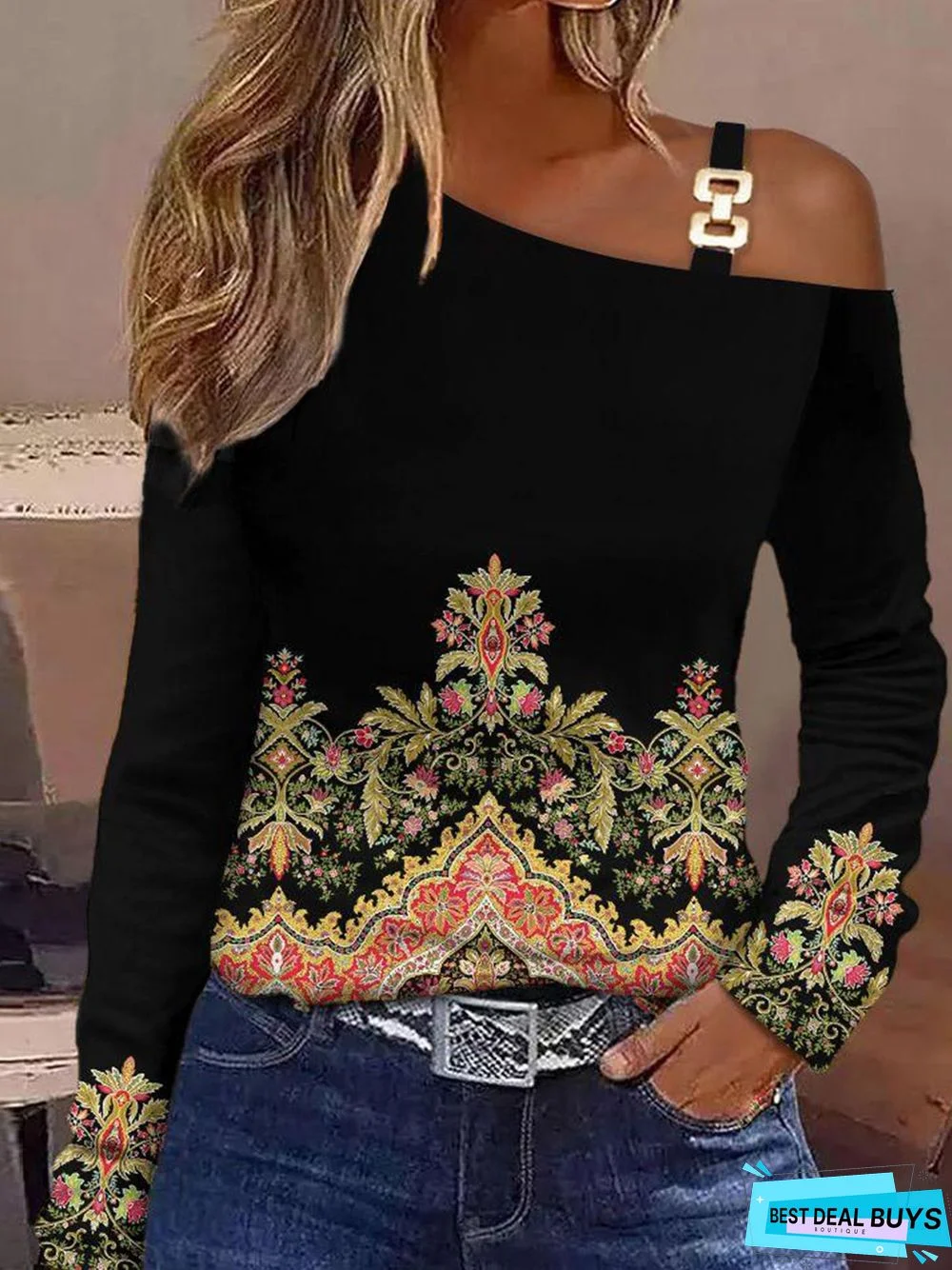 Ethnic Casual Loose One Shoulder T-Shirt