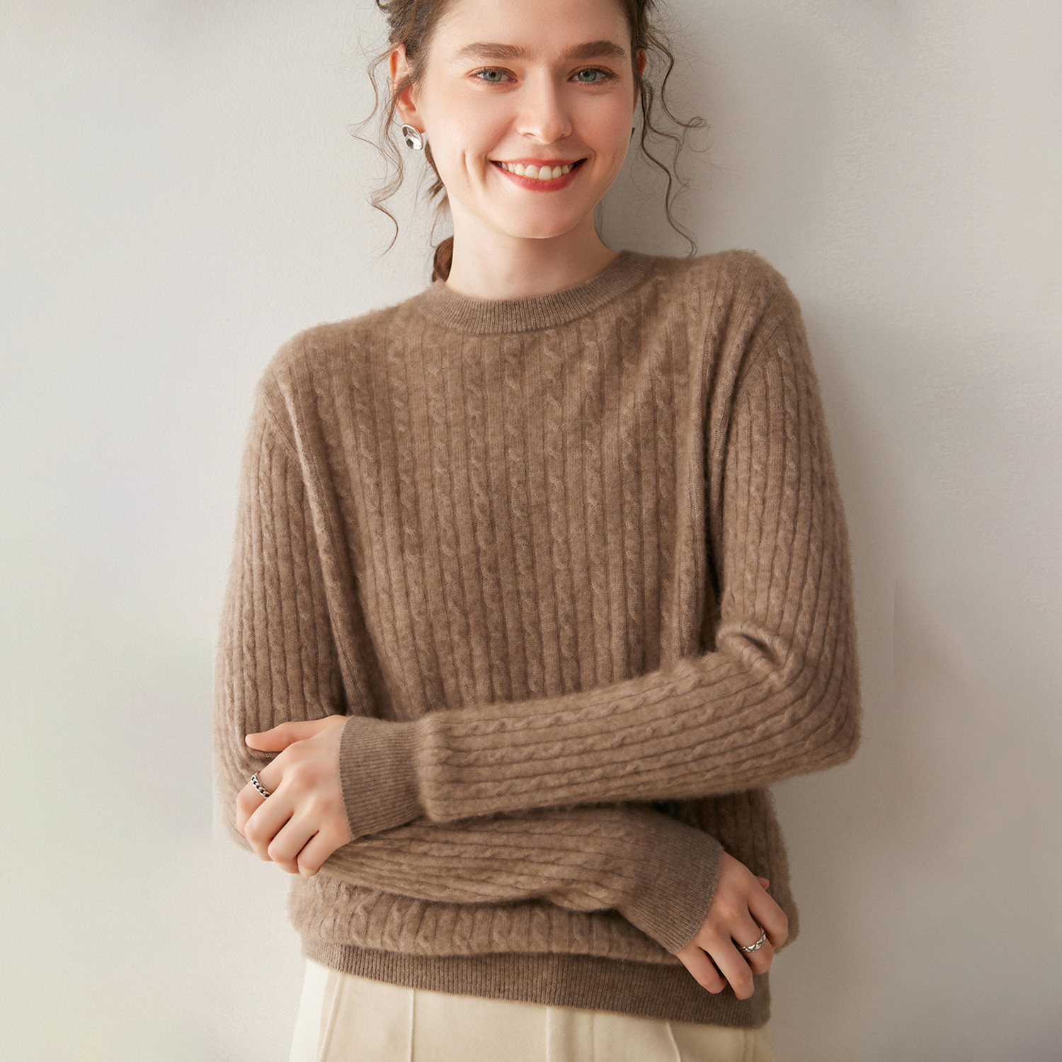 Women's Cable Knit Cashmere Sweater Classic Crewneck REAL SILK LIFE