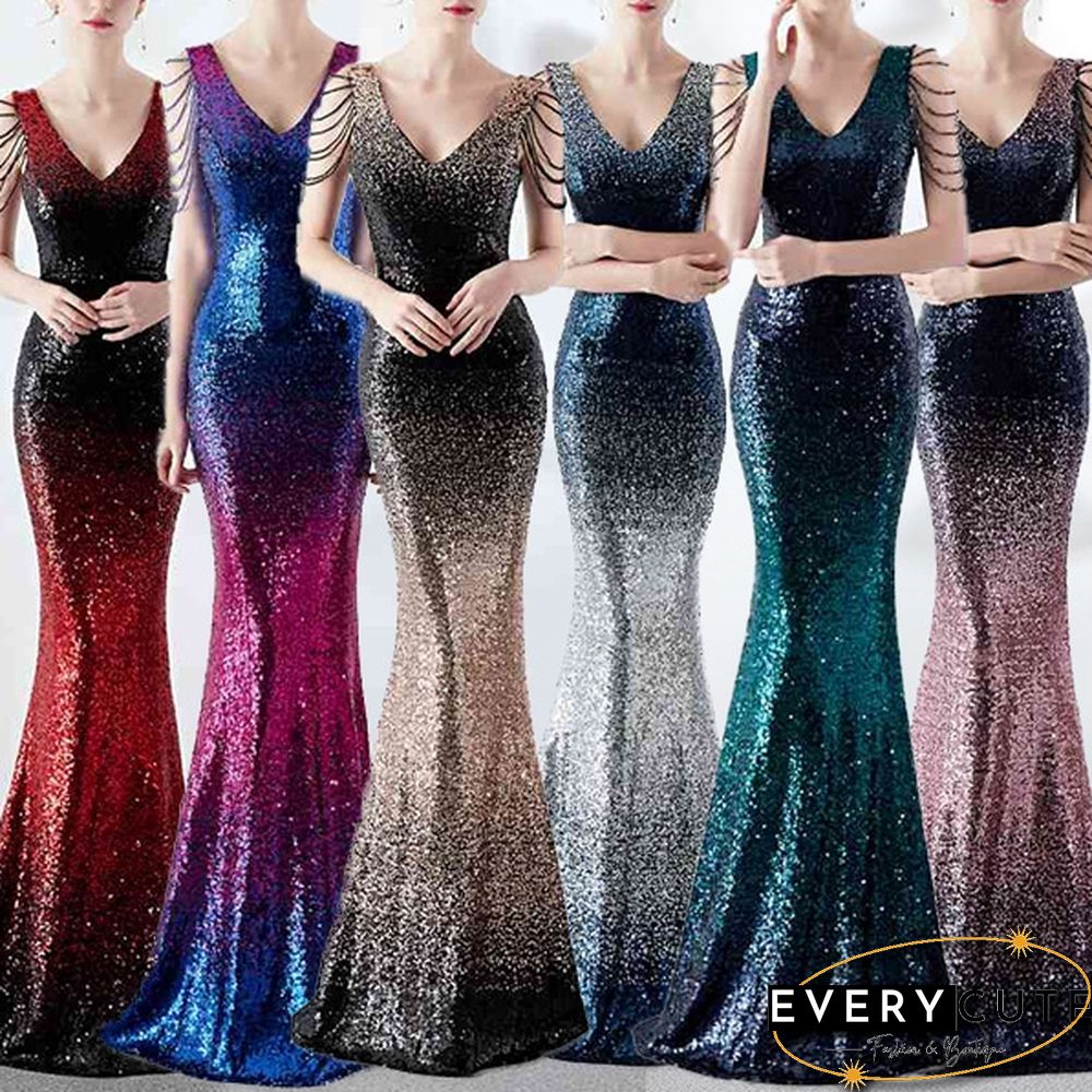 6 Colors Sexy Sequined Evening Party Gowns Women's Deep V Neck Floor-length Cocktail Dress Slim Mermaid Prom Dresses
