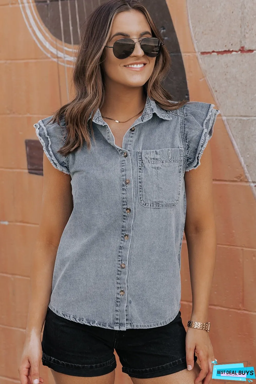 Frayed Ruffle Sleeve Denim Shirt