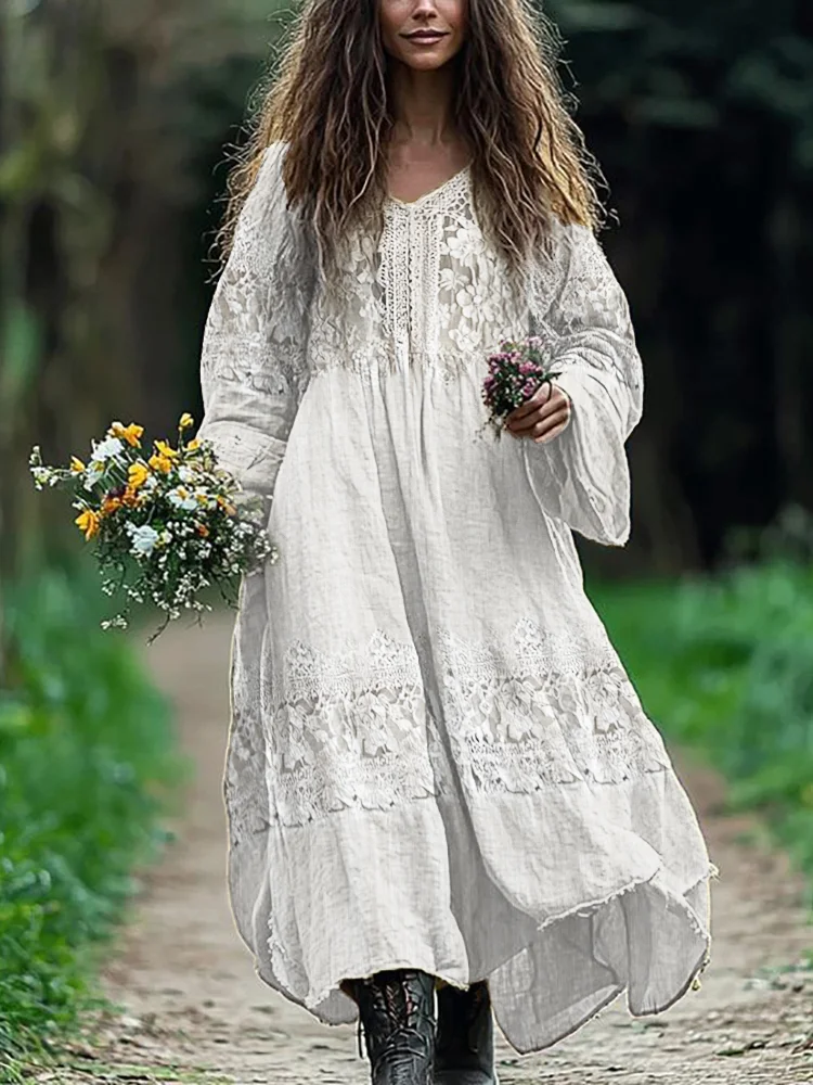 Vintage Floral Hollow Lace Patchwork Flowy Linen Maxi Dress
