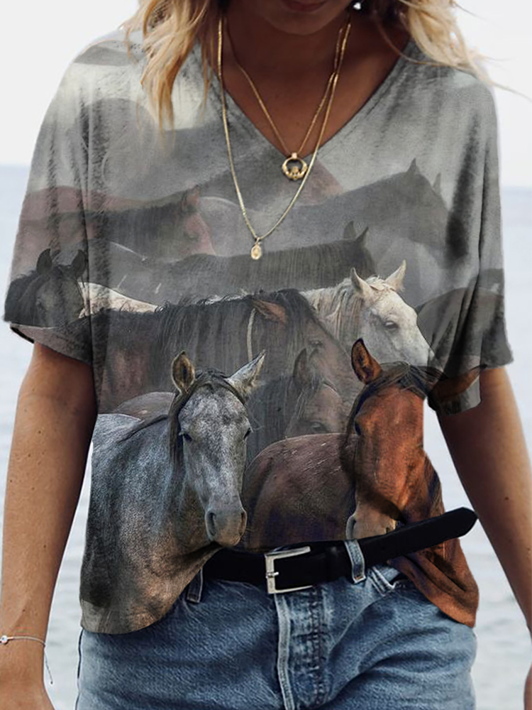  Western Horses Pattern V Neck Comfy T Shirt Westsshops