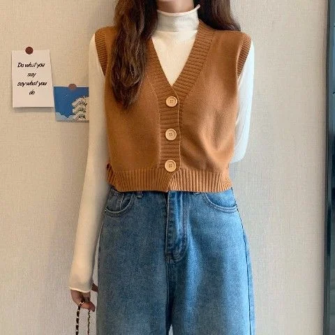 Women Sweater Vest Sweet All Match Students V-neck Single Breasted Slim Fresh Outwear Sleeveless Korean Style Fashion Leisure