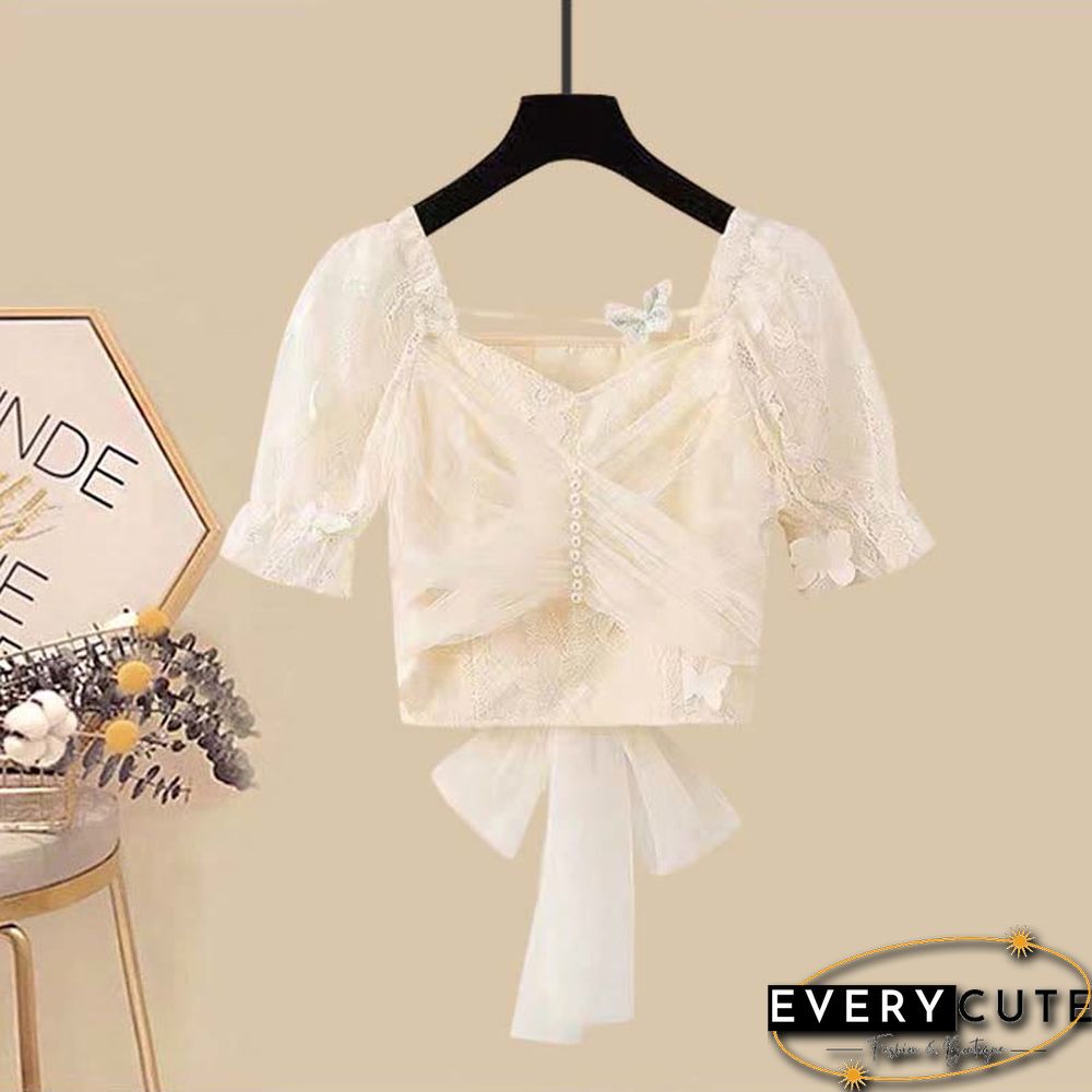 Bow Knot Butterfly Tulle Crop Top T-Shirt Fishtail Denim Skirt Two Pieces Set