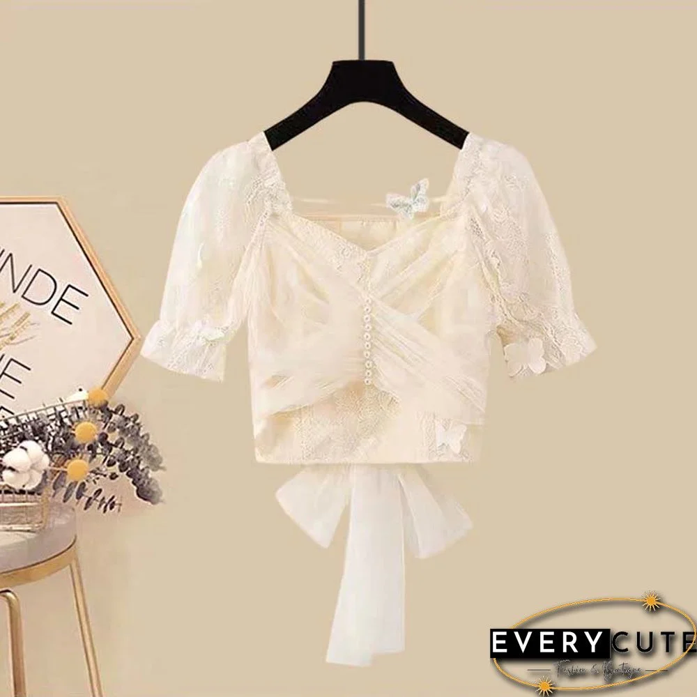 Bow Knot Butterfly Tulle Crop Top T-Shirt Fishtail Denim Skirt Two Pieces Set