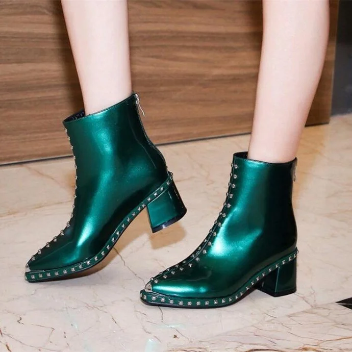 Green Ankle Booties with Chunky Studs and Pointy Toe Vdcoo