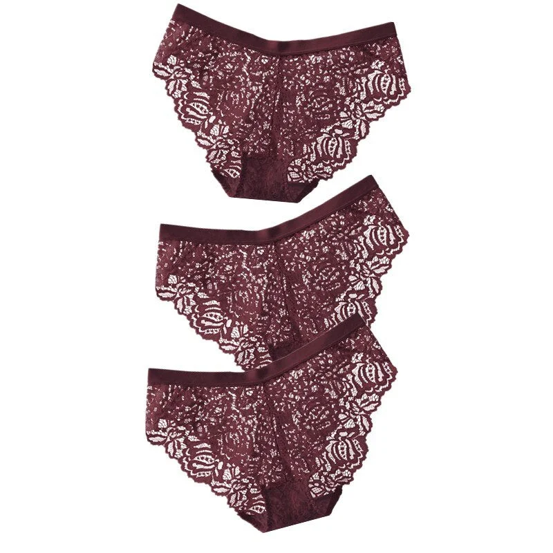 3PCS Sexy Lace Panties Soft Breathable Briefs Women Underwear Ladies Panty Transparent Tempting Low-Rise Cotton Lingerie Solid